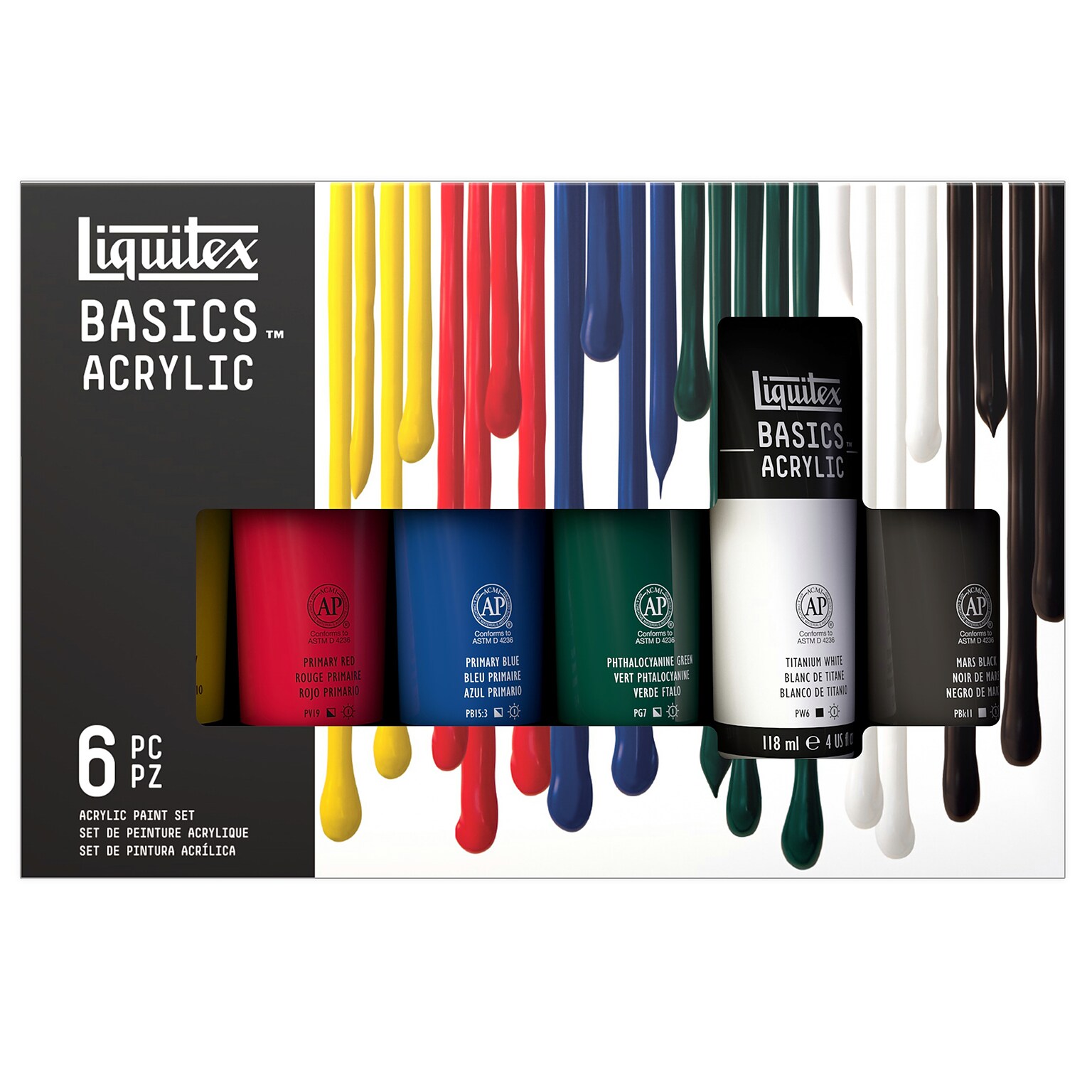 Liquitex BASICS Acrylic Paint Tubes, Assorted Colors, 118 mL, 6/Pack (LIQ101076)