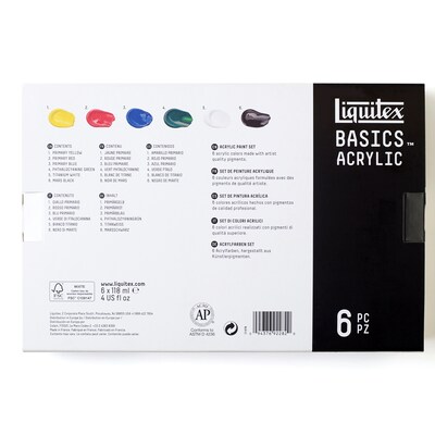 Liquitex BASICS Acrylic Paint Tubes, Assorted Colors, 118 mL, 6/Pack (LIQ101076)