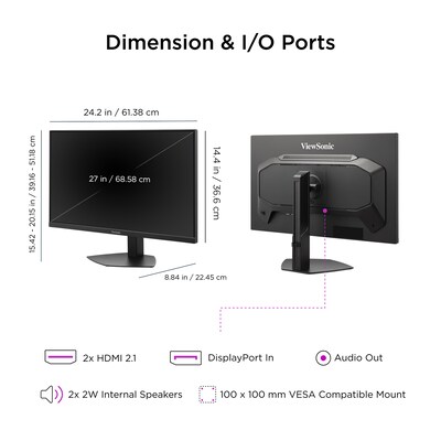 ViewSonic 27" UHD 288Hz 4K G-Sync Compatible Gaming Monitor, Black (VX2730D-4K)