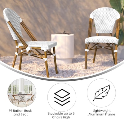 Flash Furniture Lourdes Contemporary Aluminum and PE Rattan Bistro Stack Chairs, White/Gray/Natural, Set of 2 (2SDA6421FWHGYNT)