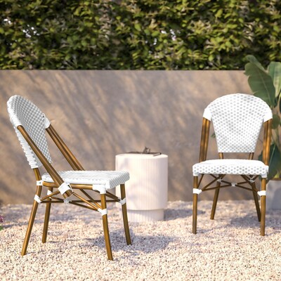 Flash Furniture Lourdes Contemporary Aluminum and PE Rattan Bistro Stack Chairs, White/Gray/Natural, Set of 2 (2SDA6421FWHGYNT)