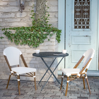 Flash Furniture Lourdes Contemporary Aluminum and PE Rattan Bistro Stack Chairs, White/Gray/Natural, Set of 2 (2SDA6421FWHGYNT)