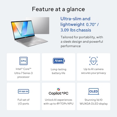 ASUS Vivobook S14 OLED 14" Laptop, Copilot+ PC, Intel Core Ultra 7 355, 16GB RAM, 1TB SSD, Windows 11 Home