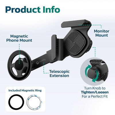 Purely F40 Magnetic Car Phone Mount for Dashboard Screens up to 0.7", Adjustable Arm Holder, Black (PSHF40BK)