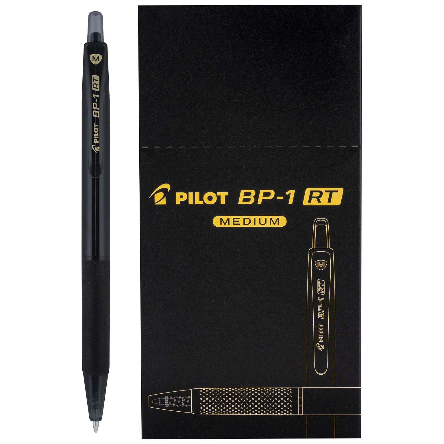 Pilot BP1-RT Retractable Ballpoint Pens, Medium Point, 1.0mm, Black Ink, Dozen (BPR--BLKM)