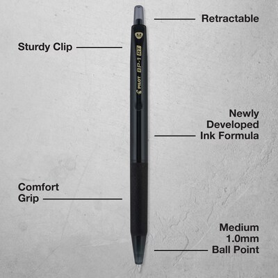 Pilot BP1-RT Retractable Ballpoint Pens, Medium Point, 1.0mm, Black Ink, Dozen (BPR--BLKM)