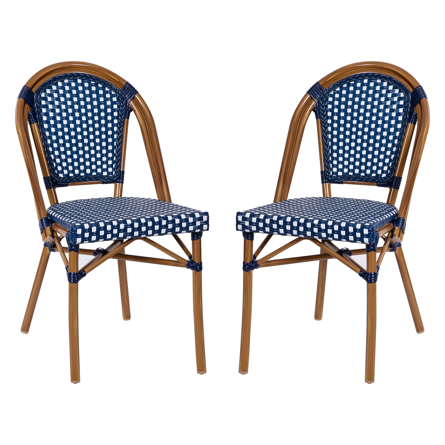 Flash Furniture Bordeaux Contemporary Aluminum and PE Rattan Bistro Stack Chairs, Navy/White/Natural, Set of 2 (2SDA6421NVYWHNT)