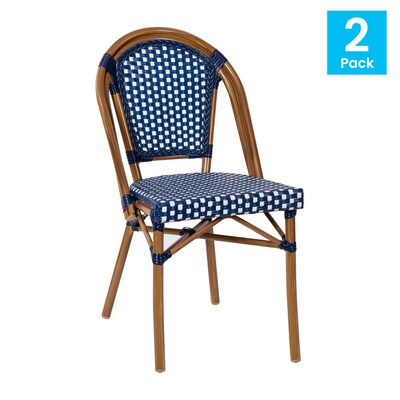 Flash Furniture Bordeaux Contemporary Aluminum and PE Rattan Bistro Stack Chairs, Navy/White/Natural, Set of 2 (2SDA6421NVYWHNT)