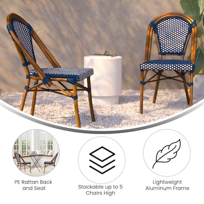 Flash Furniture Bordeaux Contemporary Aluminum and PE Rattan Bistro Stack Chairs, Navy/White/Natural, Set of 2 (2SDA6421NVYWHNT)