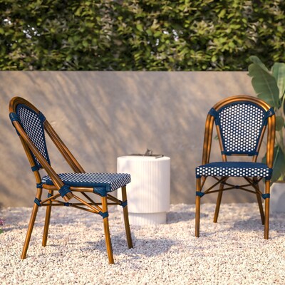 Flash Furniture Bordeaux Contemporary Aluminum and PE Rattan Bistro Stack Chairs, Navy/White/Natural, Set of 2 (2SDA6421NVYWHNT)