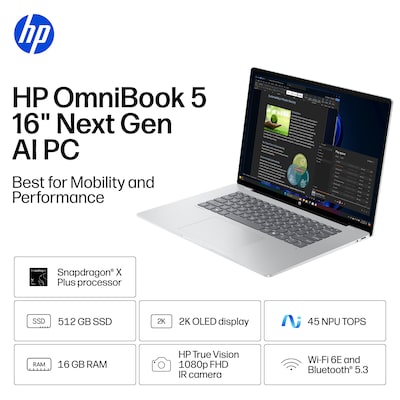 HP OmniBook 5 16 Next Gen AI PC, Copilot+ PC, Snapdragon X Plus X1P-42-100, 16GB RAM, 512GB SSD, +34 Hours Battery, Windows 11