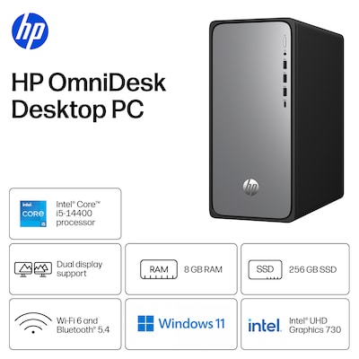 HP OmniDesk Desktop PC, Intel Core i5-14400, 8GB RAM, 256GB SSD, Windows 11 Home, Mouse and Keyboard Included (D9EM9AA#ABA)