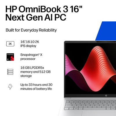 HP OmniBook 3 16 Next Gen AI PC, Copilot+ PC, Snapdragon X X1-26-100, 16GB RAM, 512GB SSD, +33 Hours Battery, Windows 11 Home