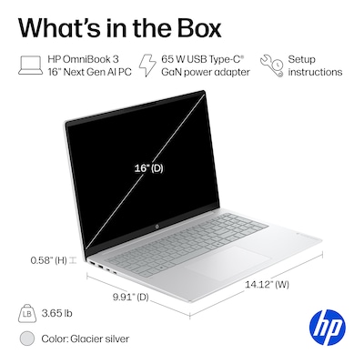 HP OmniBook 3 16" Next Gen AI PC, Copilot+ PC, Snapdragon X X1-26-100, 16GB RAM, 512GB SSD, +33 Hours Battery, Windows 11 Home