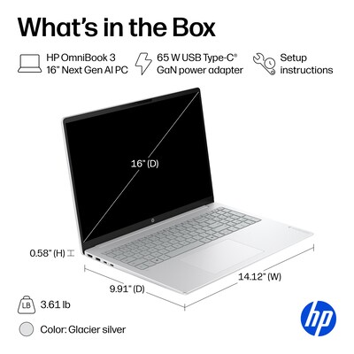 HP OmniBook 3 16" Next Gen AI PC, Copilot+ PC, AMD Ryzen AI 7 445, 16GB RAM, 512GB SSD, +19 Hours Battery, Windows 11 Home