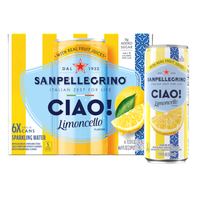 SANPELLEGRINO CIAO! Limoncello Flavored Sparkling Seltzer Water, 11.15 oz., 6 Cans/Box (0-41508-66931-3)