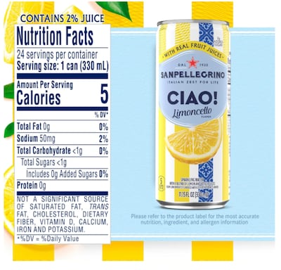 SANPELLEGRINO CIAO! Limoncello Flavored Sparkling Seltzer Water, 11.15 oz., 6 Cans/Box (0-41508-66931-3)