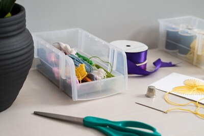IRIS Small Stackable Plastic Storage Bin, 3" x 4.5"x 7.5", 0.4 Qt., Clear, 12/Carton (200518CT)