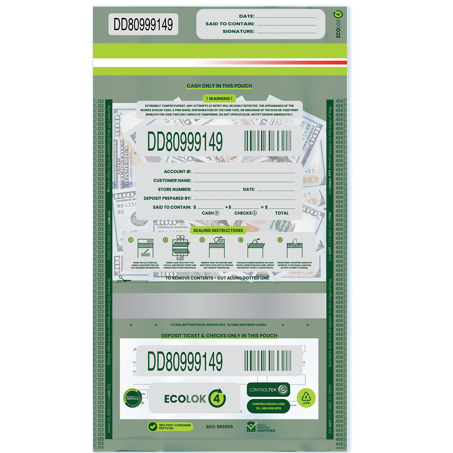 CONTROLTEK EcoLok Deposit Bags, 4 Compartments, Clear (585609)
