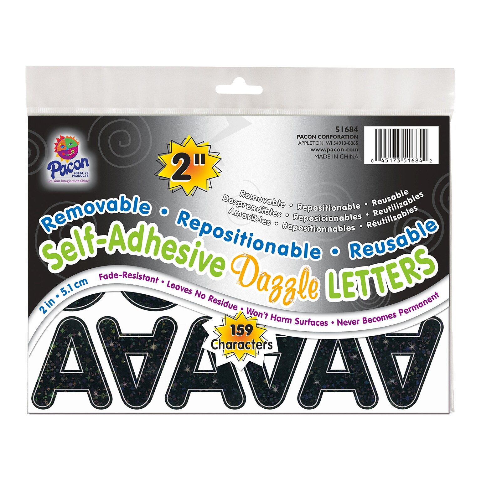 Pacon Puffy Font 2 Letter & Number Adhesive Letters, Black Dazzle, 159/Pack (PAC51684)