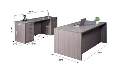 Boss Office Products 66 Desk and Credenza with Dual File Pedestals, Driftwood (GROUPA12-DW)