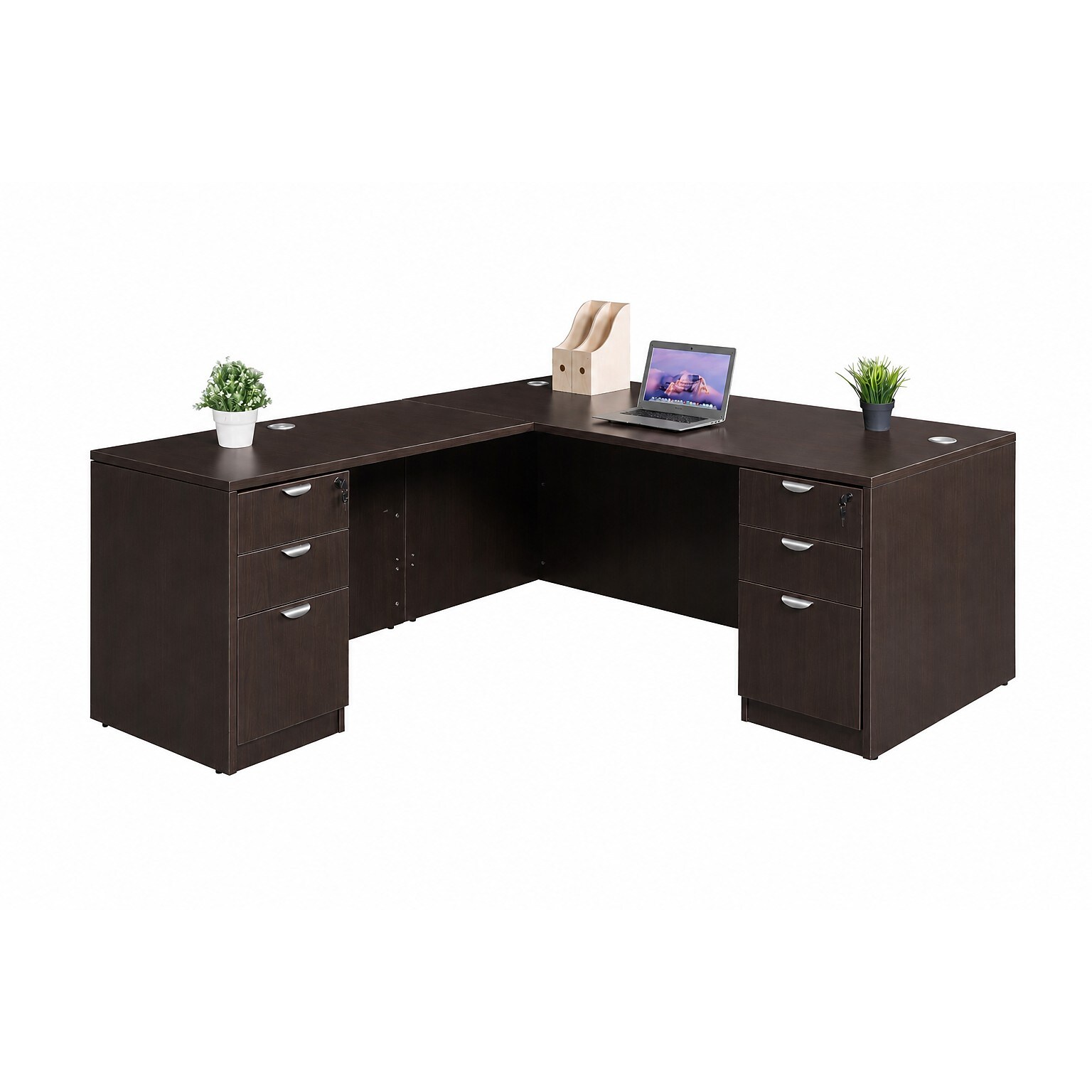 Boss Office Products 71 L-Shaped Desk with Dual File Pedestals, Mocha (GROUPA11-MOC)
