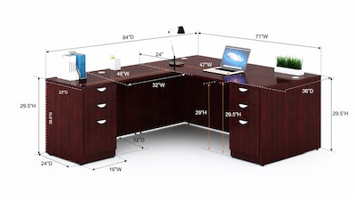 Boss Office Products 71 L-Shaped Desk with Dual File Pedestals, Mahogany (GROUPA11-M)