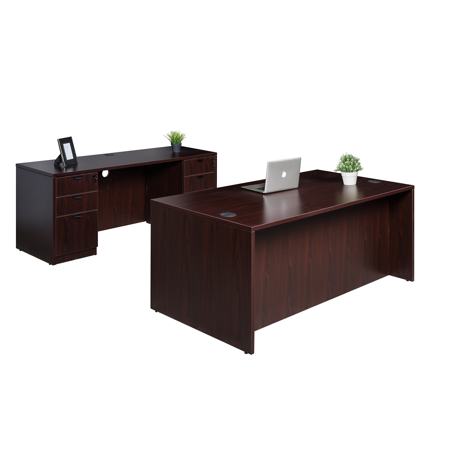 Boss Office Products 66 Desk and Credenza with Dual File Pedestals, Mahogany (GROUPA12-M)