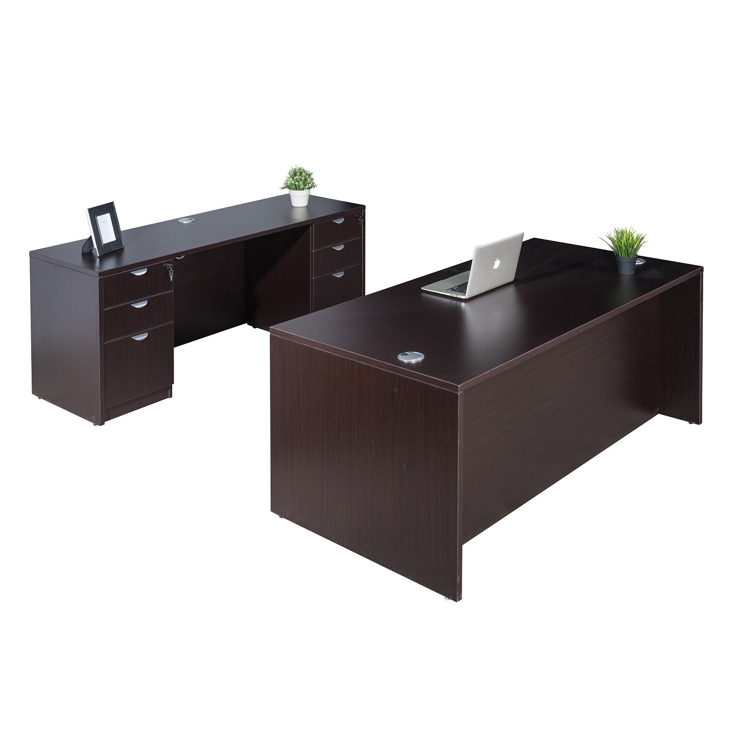 Boss Office Products 66 Desk and Credenza with Dual File Pedestals, Mocha (GROUPA12-MOC)