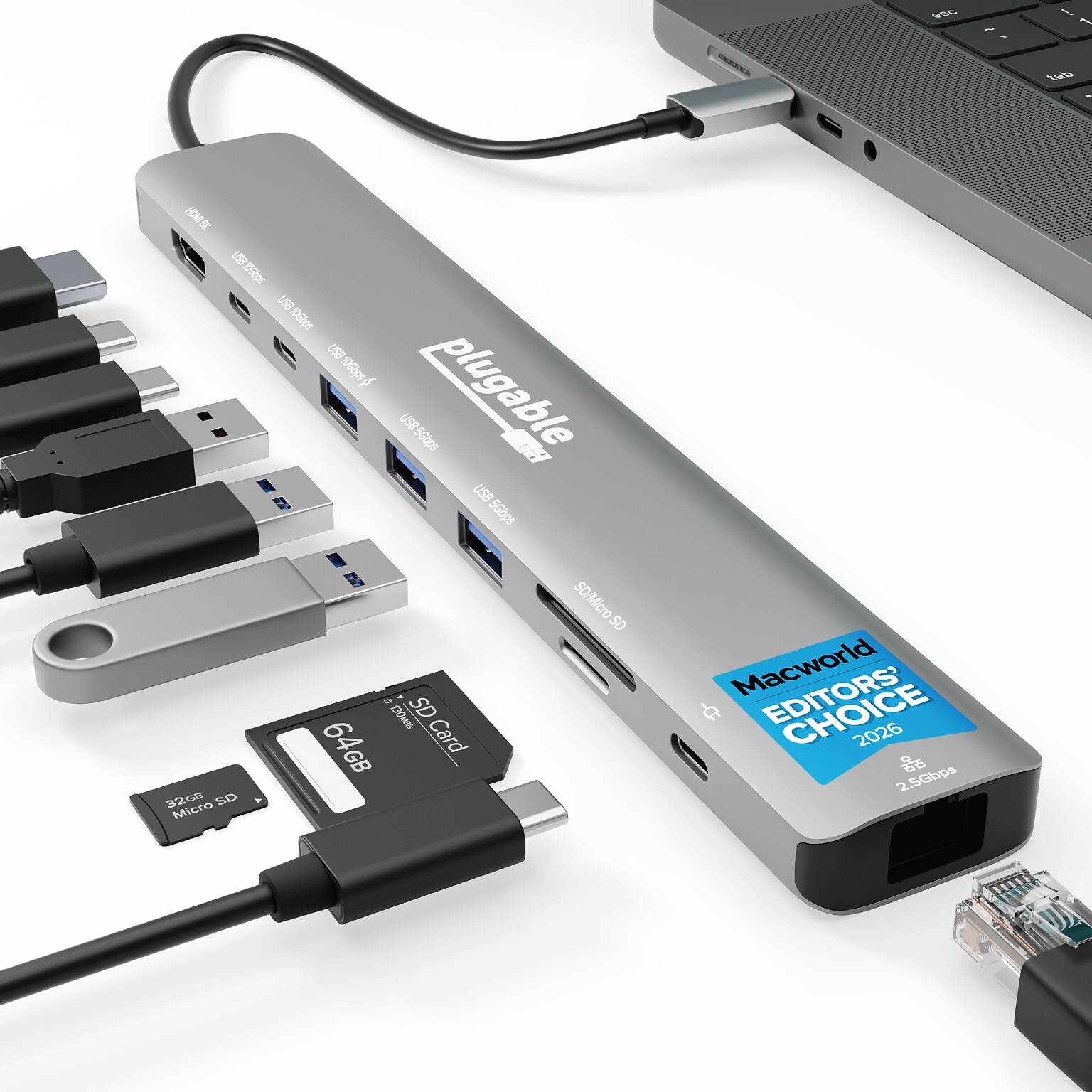 Plugable USB-C 10-in-1 Hub with 8K HDMI & up to 140W Pass-Through Charging (USBC-10IN1E)