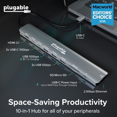 Plugable USB-C 10-in-1 Hub with 8K HDMI & up to 140W Pass-Through Charging (USBC-10IN1E)