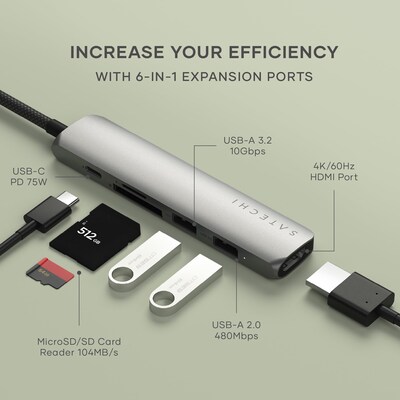 Satechi 6-in-1 USB-C Slim Multiport Adapter, Space Grey (ST-P6SM)