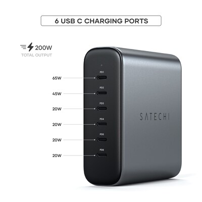 Satechi USB-C 6-Port PD GaN Charger, 200W, Space Gray (ST-C200GM-US)
