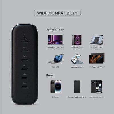 Satechi USB-C 6-Port PD GaN Charger, 200W, Space Gray (ST-C200GM-US)