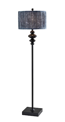 Adeso Samira 61H Black Floor Lamp with Soft Pleated Blue Printed Fabric Shade (1652-01)