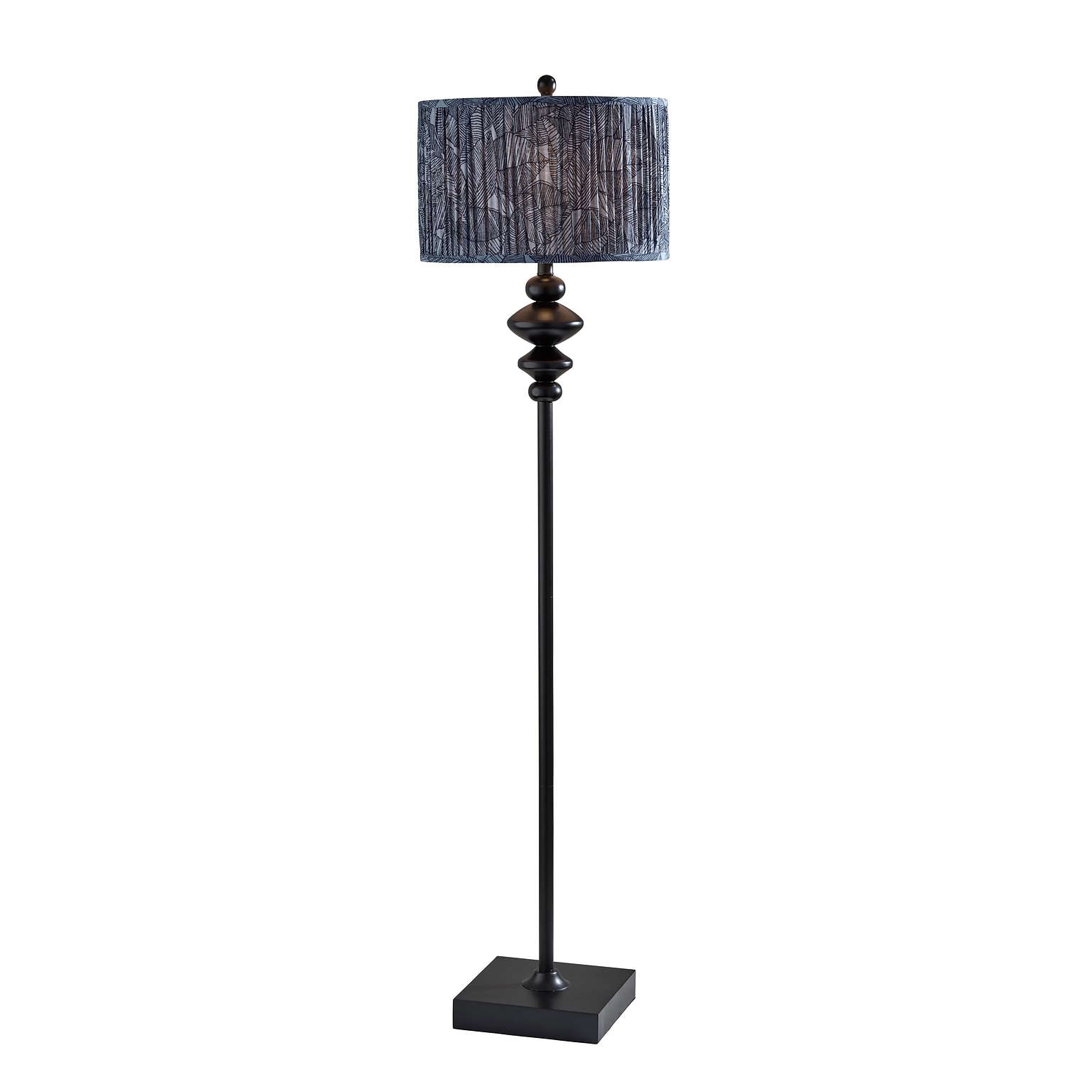 Adeso Samira 61H Black Floor Lamp with Soft Pleated Blue Printed Fabric Shade (1652-01)