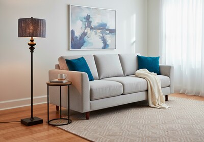 Adeso Samira 61H Black Floor Lamp with Soft Pleated Blue Printed Fabric Shade (1652-01)