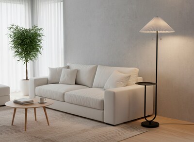 Adesso Uma 63H Black Floor Lamp with KD White Knife Pleated Fabric Shade (2623-01)
