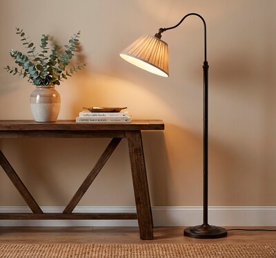 Adesso Shiloh 63H Black Floor Lamp with Soft Pleated Oatmeal Linen Shade (1578-01)