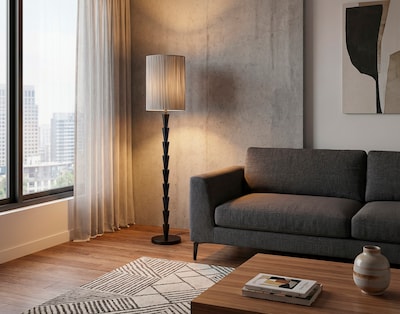 Adesso Amos 63H Black Floor Lamp with Soft Pleated Oatmeal Linen Shade (1643-01)
