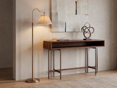 Adesso Shiloh 63H Antique Brass Floor Lamp with Soft Pleated Oatmeal Linen Shade (1578-21)