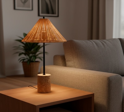 Adesso Rayne 27H Incandescent Table Lamp, Brown Marble Base/Rattan Shade (3293-01)