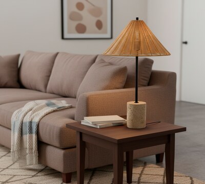Adesso Rayne 27"H Incandescent Table Lamp, Brown Marble Base/Rattan Shade (3293-01)