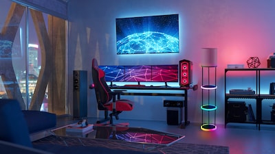 Simplee Adesso Keely Incandescent RGB Color Changing Shelf Lamp, 56.8"H, Black/Linen Fabric Shade (SL0970-01)