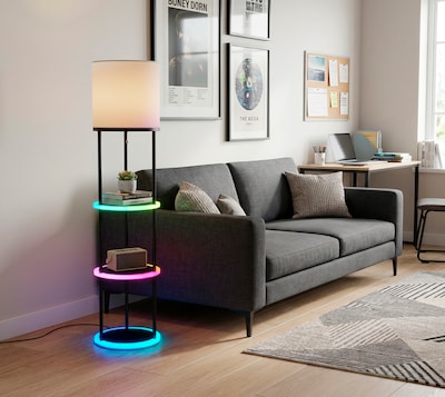 Simplee Adesso Keely Incandescent RGB Color Changing Shelf Lamp, 56.8"H, Black/Linen Fabric Shade (SL0970-01)