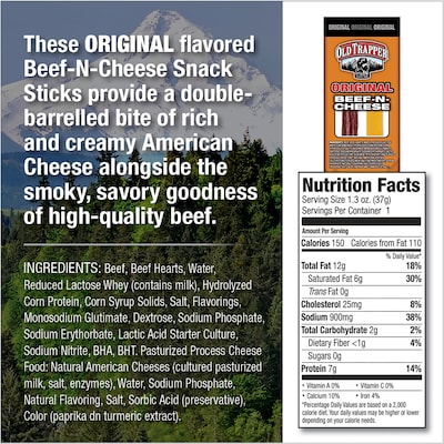 Old Trapper Beef N Cheese Original Beef Jerky Meat Stick, 1.3 oz., 14/Box (30114T)
