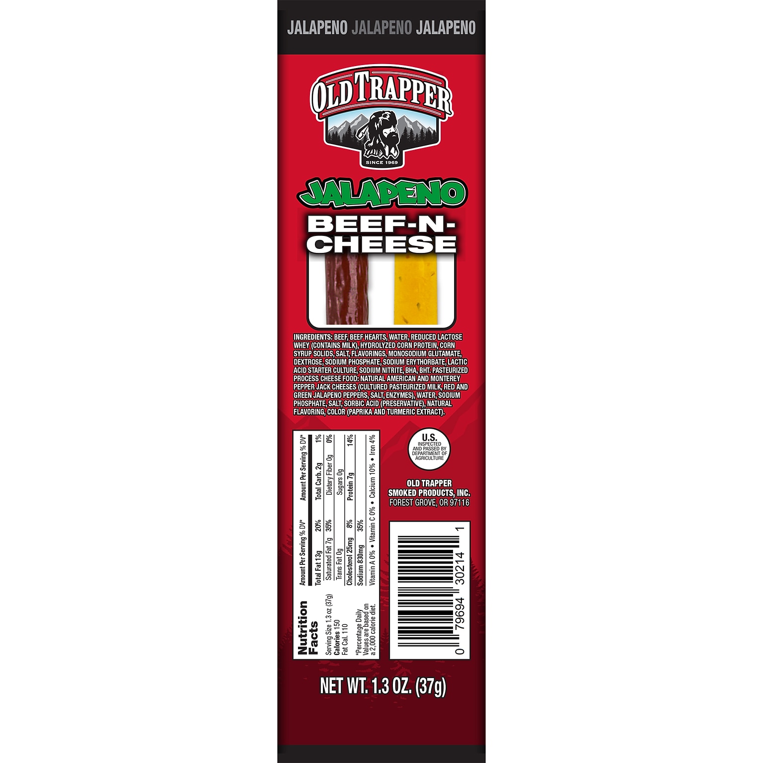 Old Trapper Beef N Cheese Jalapeno Beef Jerky Meat Stick, 1.3 oz., 14/Box (30214T)