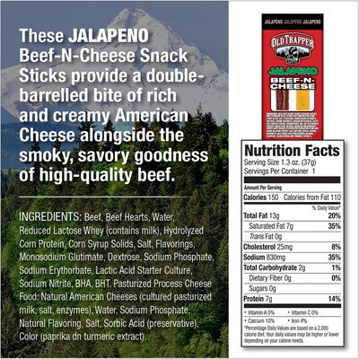 Old Trapper Beef N Cheese Jalapeno Beef Jerky Meat Stick, 1.3 oz., 14/Box (30214T)