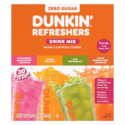 Dunkin Refresher Assorted Flavors Powder Drink Mix, 2.56oz, 30/Box (33830)