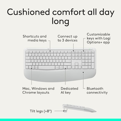 Logitech Signature Comfort Plus Combo MK880 Wireless Keyboard and Mouse Combo, Comfort Keyboard with Palm Rest, Off-white